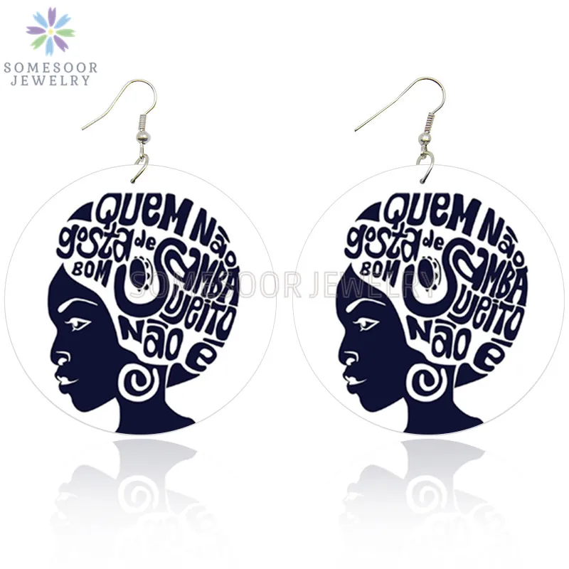 SOMESOOR Vintage African Black Queen Wood Drop Earrings Afrocentric Ethnic Design Both Sides Print Dangle Jewelry For Women Gift