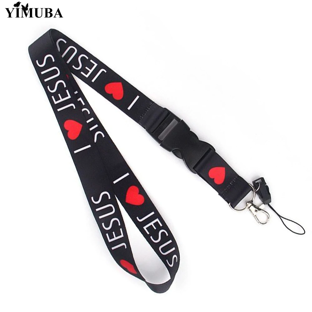 YIMUBA I Love Jesus Letter Printed Lanyard Keychain Mobile Phone Neck Straps Alloy Key Chain Multi-function ID Card Badge Holder