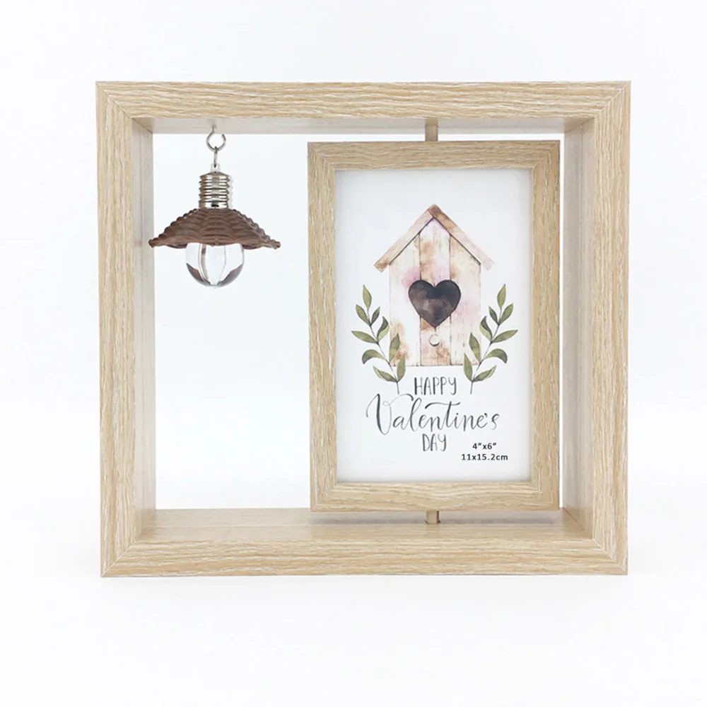 Photo Frame Creative Nordic Photo Frame Set-up Double-sided Rotating Wooden PhotoFrame with Light Place Small Memorial Ornaments