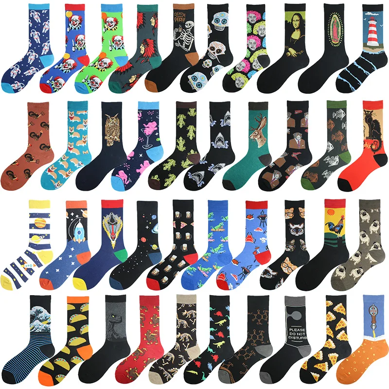 Happy Colorful Funny Socks Men Skateboard Shark Dinosaur Astronaut Planet Divertidos Hip Hop Sokken Harajuku Unisex Crew Socks