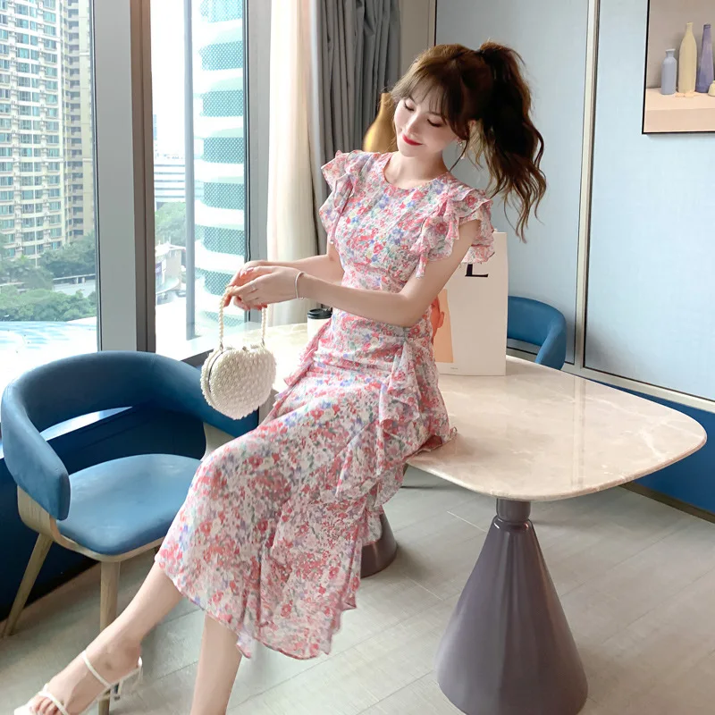 Floral 2020 summer new European style chiffon fishtail ruffled dress Office Lady  Polyester  Sleeveless