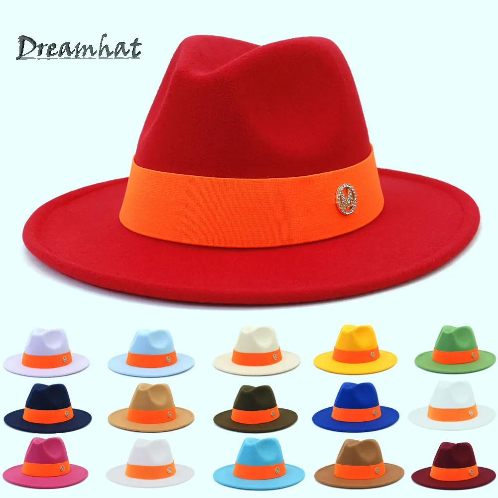 Colorful Wool Fedoras Hats For Women Men Orange Red Hat M Mark Belt Panama Outdoor Travel Cap Wide Brim 55-58CM шапка casquette