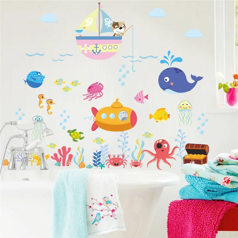 Cartoon Sea Fishes Bubbles Underwater Sealife Wall Sticker For Kids Room Bathroom Decoration Waterproof Mural Art Pvc Home Decal