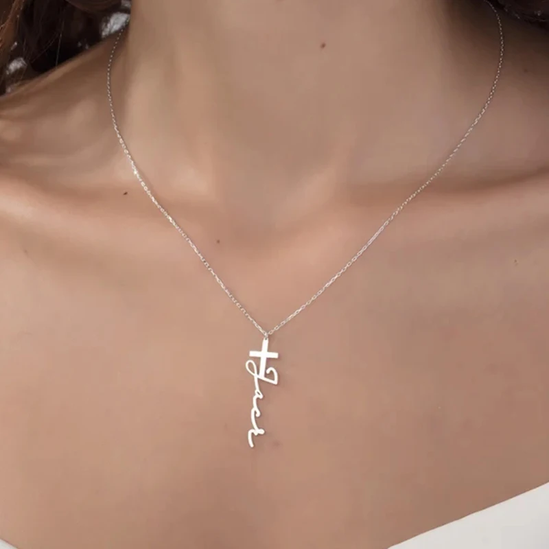 Personalized Christian Cross Cursive Custom Necklace Stainless Steel Gold Silver Color Name Choker Necklace for Lover's Gift