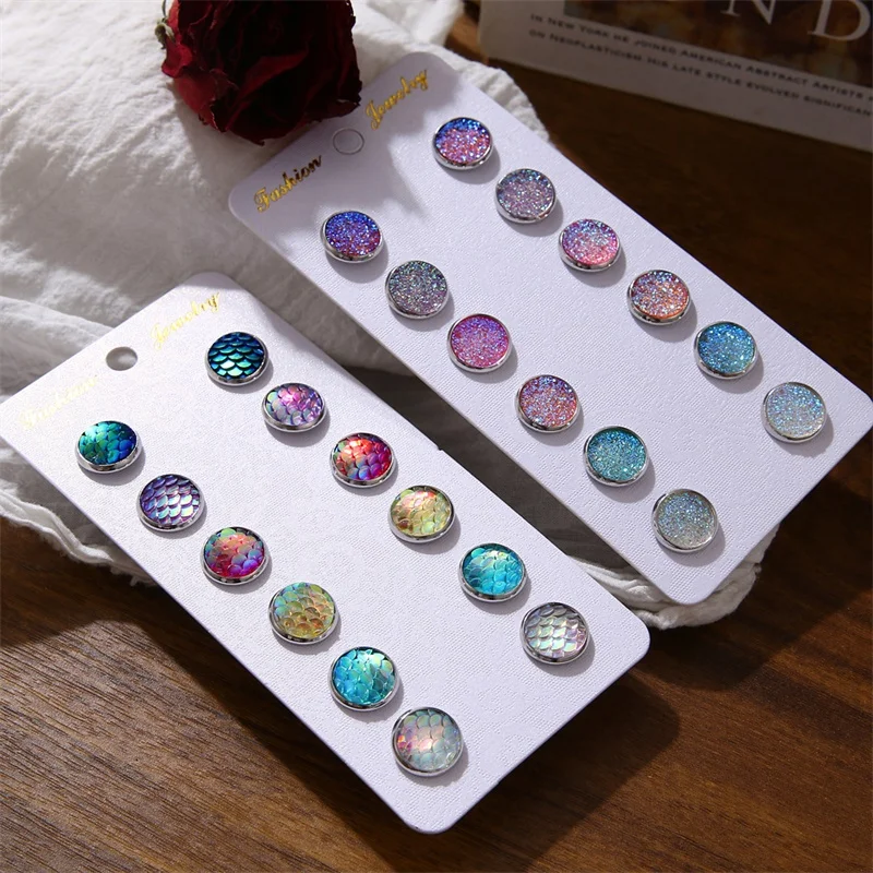 DAXI Bling Earring Sets 6 Pairs / Set Mixed Color Cute Round Stud Earrings For Women Fashion Jewelry Birthday Gift Wholesale