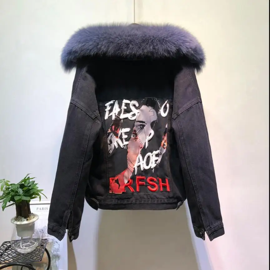 Winter Fashion Warm Natural Fox Fur Collar coat + Real Rabbit Hair Liner Denim Jacket Female beading Thick Real Fur Outwear F703