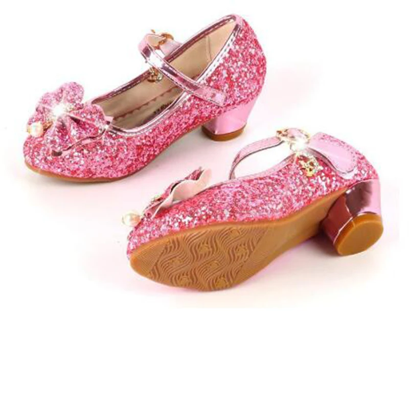 Princess Kids Leather Shoes For Girls Flower Casual Glitter Children High Heel Girls Shoes Butterfly Knot Blue Pink Silver