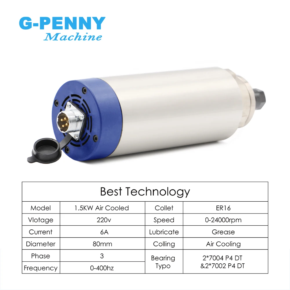 G-Penny 1.5kw ER16 Air Cooled Spindle Motor Kit 80X200mm 4pcs Bearings 0.01mm & 220v 1.5kw H100 VFD & 80mm Spindle Holder