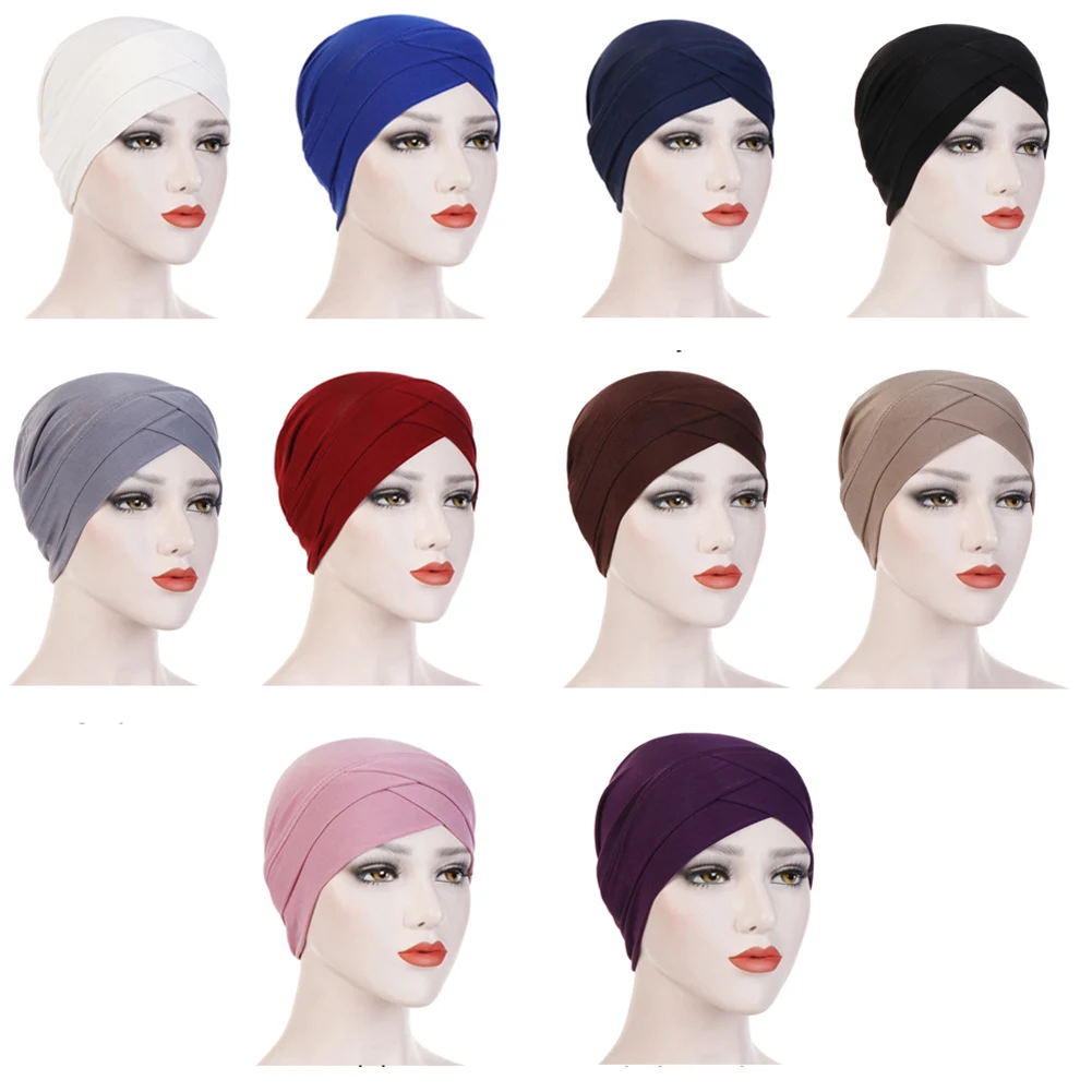 New Women Hat Solid Color Muslim Turban Cross Head Wrap Chemo Bandana Muslim Scarf Hijab Bonnet Cap India's Hat Ethnic Inner Hat