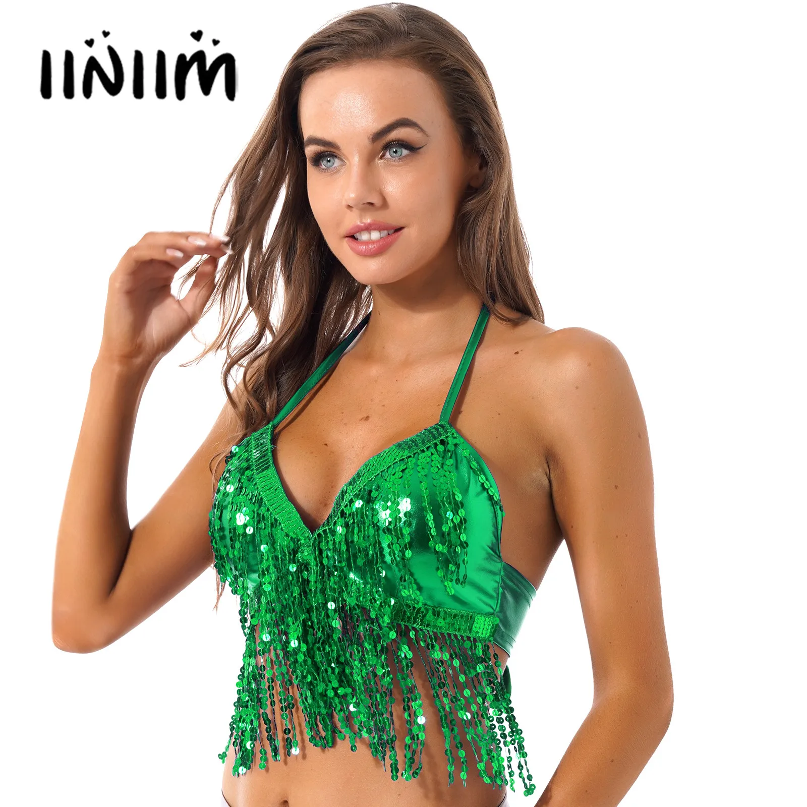 

Womens Shiny Sequin Tassel Camisole Fringed Halter Crop Top Party Stage Clubwear Lace-up Padded Bra Vest Belly Dance Costume