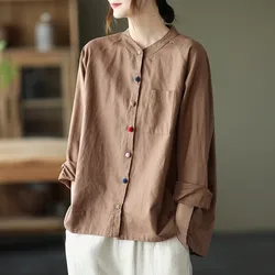 Women Cotton Linen Casual Shirts New Arrival 2021 Autumn Vintage Style Solid Color Loose Female Long Sleeve Tops B895