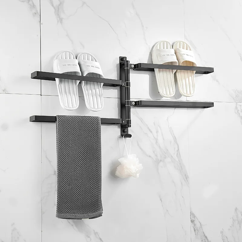 Black/Silver Aluminum Bathroom Towel Holder Free Nail Towel Bar Wall Mounted Swivel Swing Arm Towel Ring Bathroom Accessories