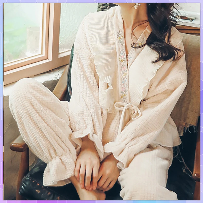 

Velvet Warm Pajamas For Women Top And Pants Solid Pocket Long Sleeve Thick Home Wear Night Suit Winter Casual Loose Clothing Set