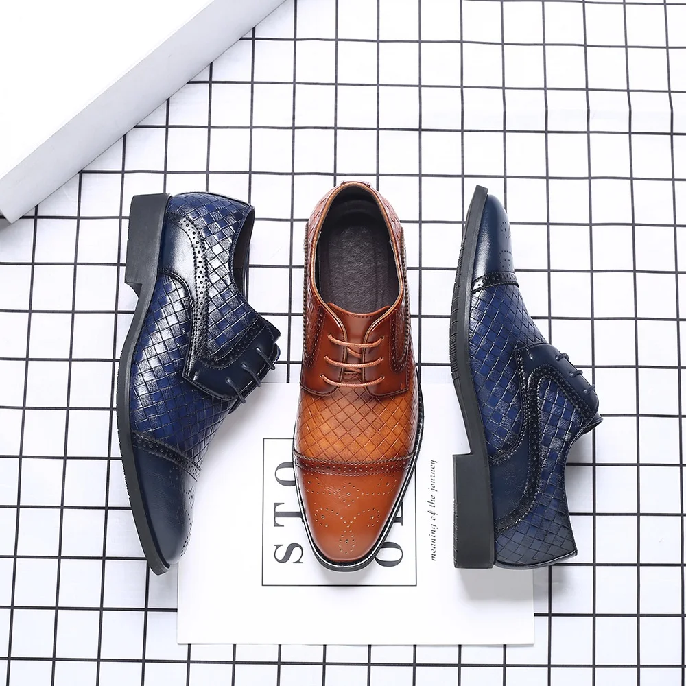 Men\'s Splicing Brogue Shoes Woven Grain Leather Dress Shoes Men Lace-Up Wedding Party Shoes Mens Business Office Oxfords Flats