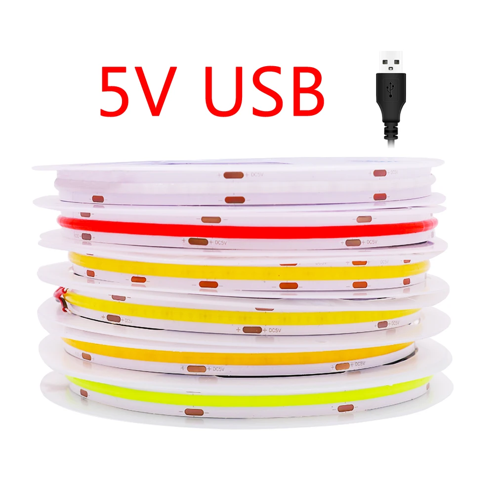 5V LED COB Strip Light USB Battery Powered 320LED/m High Density Linear Linghting Flexible Tape Strips White Blue Green Red DC5V
