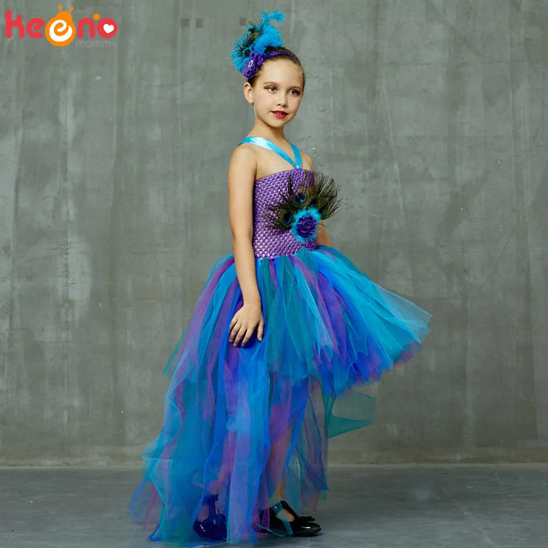 Fancy Peacock Feather Girl Pageant Tutu Dress With Headband Children Kids Birthday Party Wedding Ball Gowns Trailing Tulle Dress