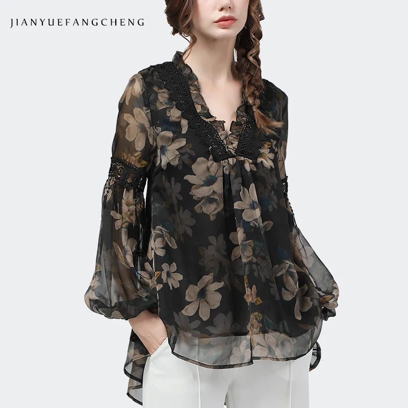 Chiffon Flowers Printed Women Blouses Spliced Loose Lantern Sleeve Ruffles V-Neck Tops 2021 Spring Female Casual Office Blouses