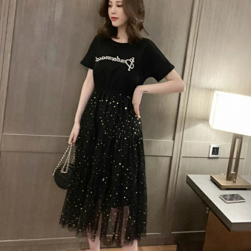 Short Sleeve Party Dress Women O-neck Mesh Fake Two Piece Chic Sweet Elegant Womens Korean Style Printed Stylish Vestidos Trendy