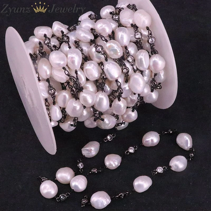 3 Meters, Freshwater Pearl and White Zirconia Rosary Beaded Chain -Pearl Beads Wire Wrapped Rose Gold/Gold / Silver Color Chain