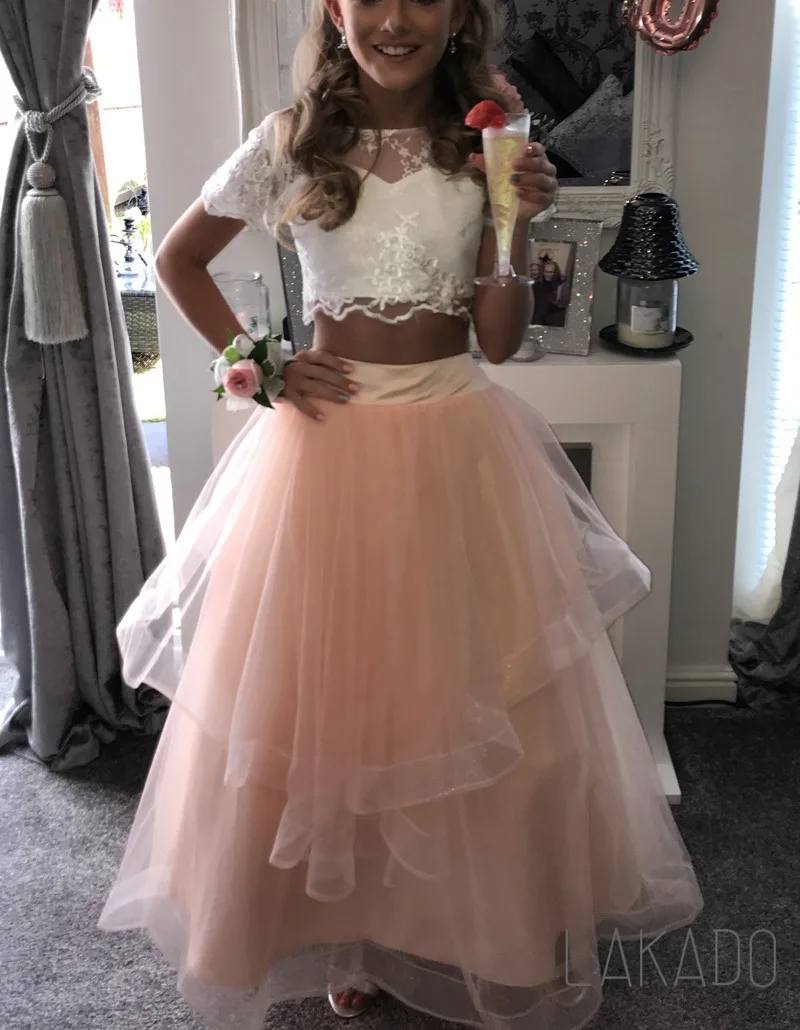 Vestido de desfile rosa de dos piezas para niñas, fiesta de cumpleaños, Año Nuevo con encaje para edad de 2, 3, 4, 5, 6, 7, 8, 9 y 10 años