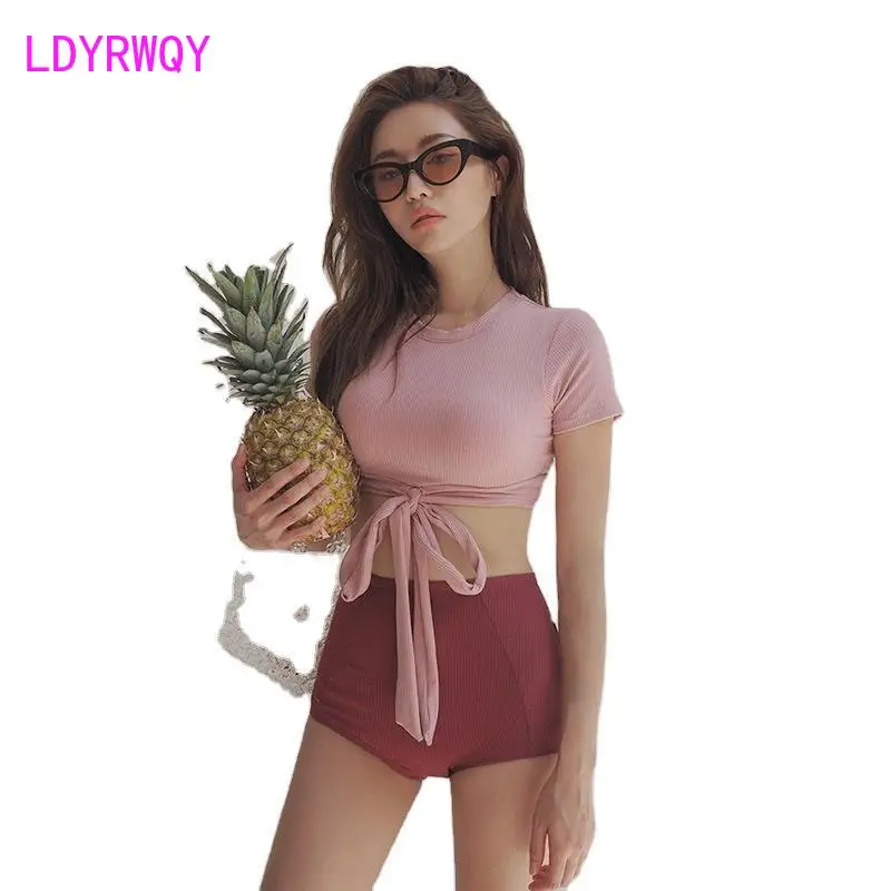 LDYRWQY 2021 new Korean fashion short-sleeved high-waist lace conservative round neck triangle bikini swimsuit two-piece suit