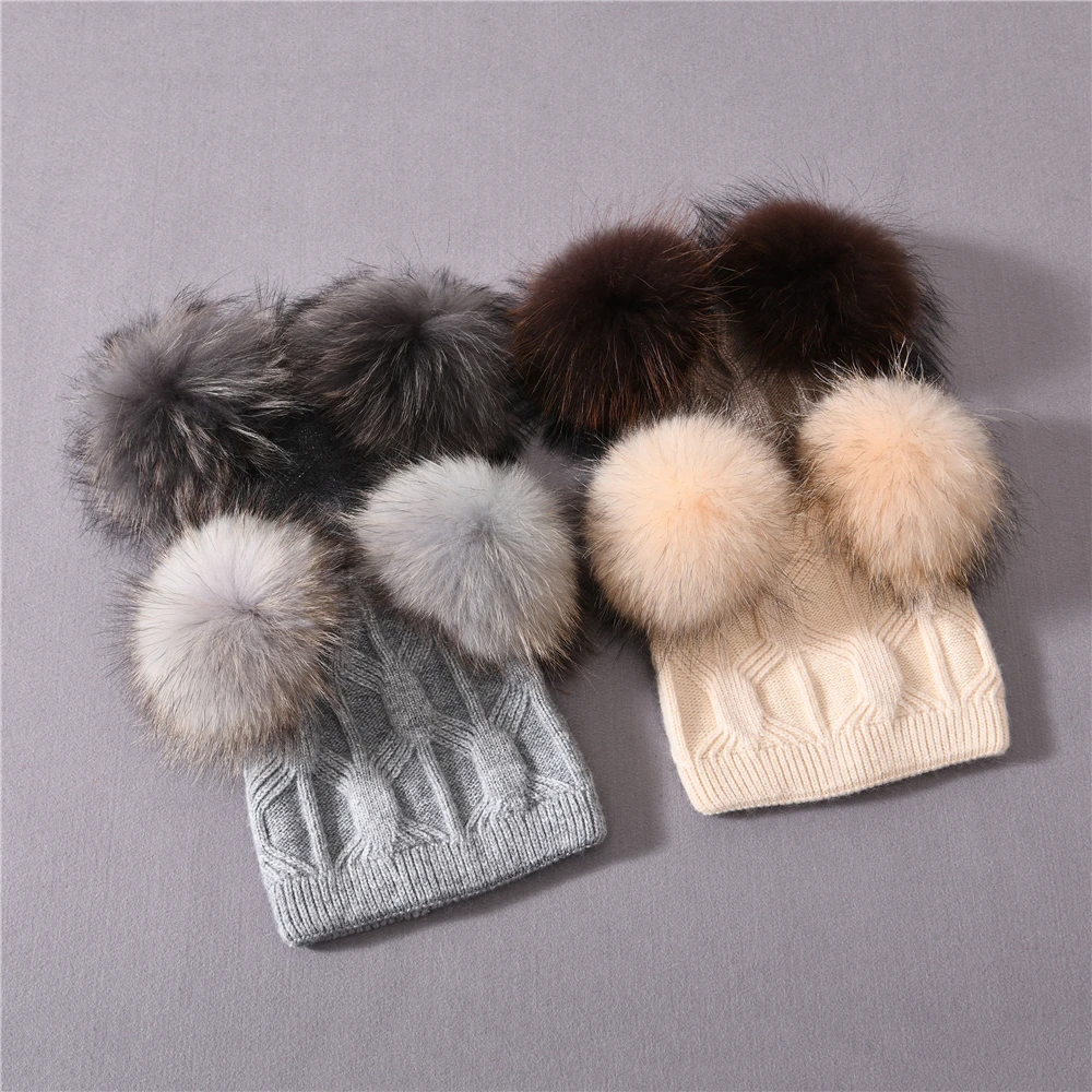 Winter Baby Cute Beanie Hats Thick Warm Double Layer Fluffy Fur Pom Pom High Quality Cashmere Knitted Beanies Hats Kids Children