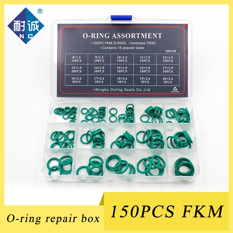 

150pcs Green FKM O Rings Rubber Kit 15Sizes Seal Rubber Sealing O-rings Washer Gasket O-Ring Set Assortment Set Kit Box