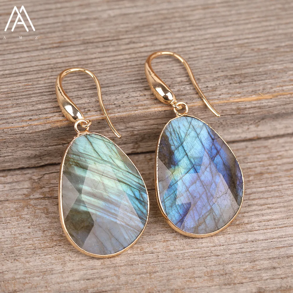 Delicate Women Drop Beads Hook Earrings Jewelry Flash Labradorite Purple Agates Stone Gold Dangle Earrings Jewelry Dropshipping