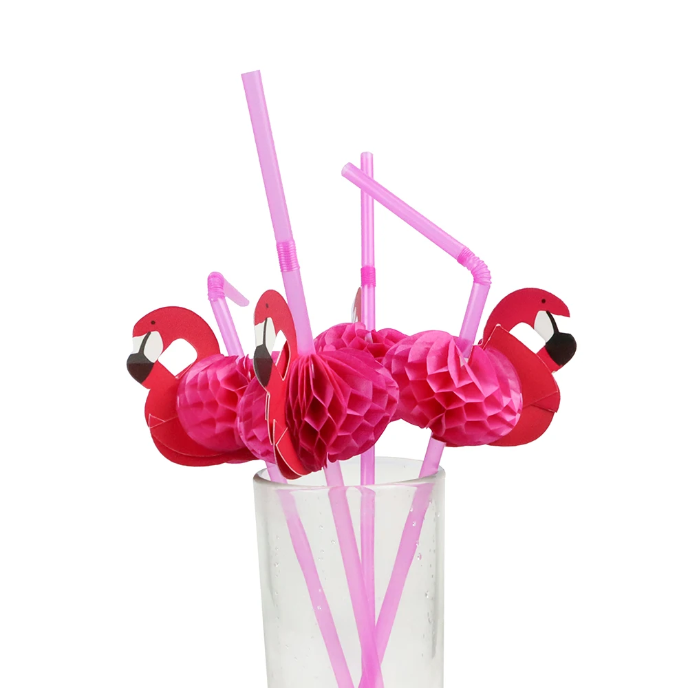 Summer Party Flamingo Straw Pineapple Paper Umbrella straw Cake Toppers Hawaiian Beach Party Decor Cupcake Topper for Birthday