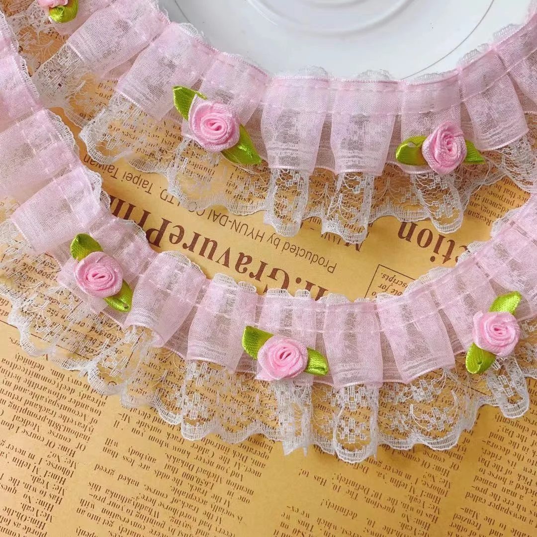 5CM Wide Tulle Mesh Pink Organza 3d Pleated Lace Flowers Fabirc Embroidered Ribbon Collar Trim Princess Skirts Applique Decor