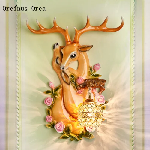 European painted deer crystal wall lamp living room bedroom  fashion decoration romantic deer head wall lamp