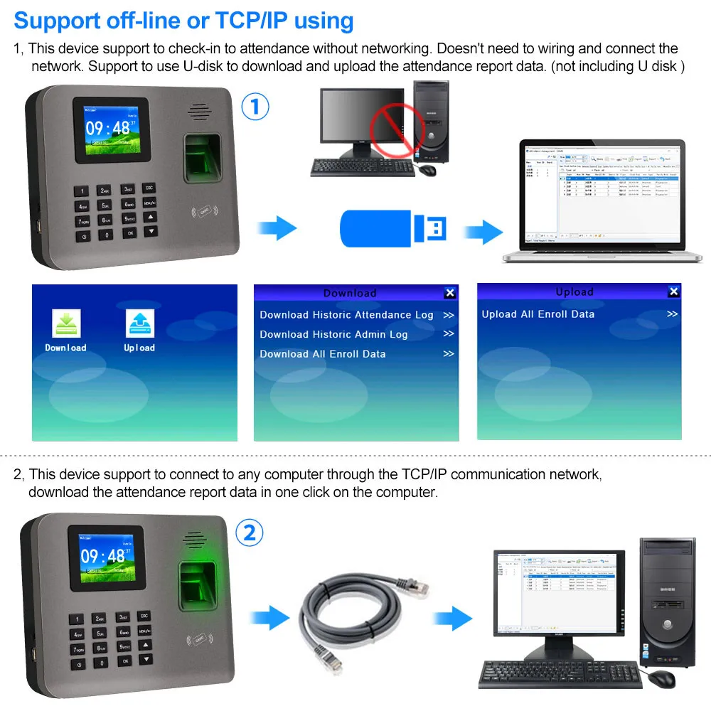 Realand 2.4inch Biometric Fingerprint Time Attendance Machine RFID Card TCP/IP/USB Employee Check-in/Check-out Device Software