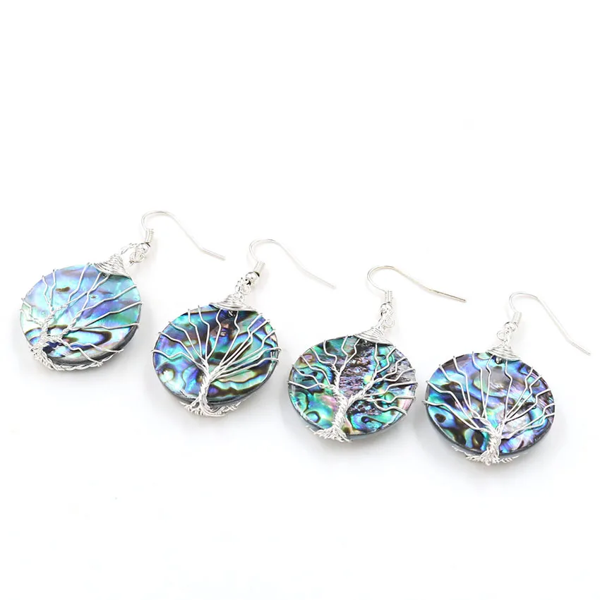 FYSL Silver Plated Wire Wrap Round Abalone Shell Dangle Earrings for Women Ethnic Style Jewelry