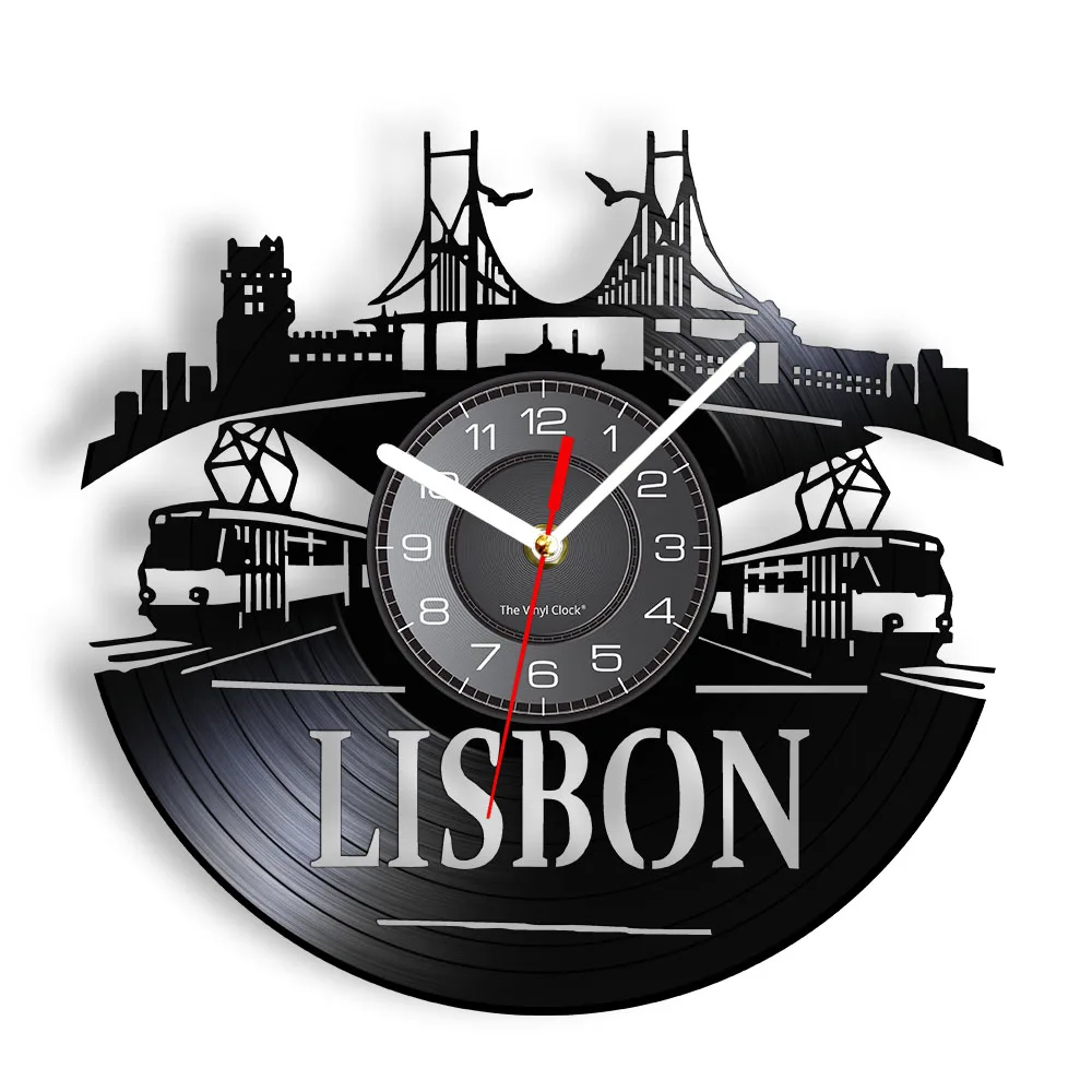 Portugal Lisbon Cityscape Vinyl Record Wall Clock Portuguese LED Home Decor Capital City Europe Skyline Modern Art Timepieces