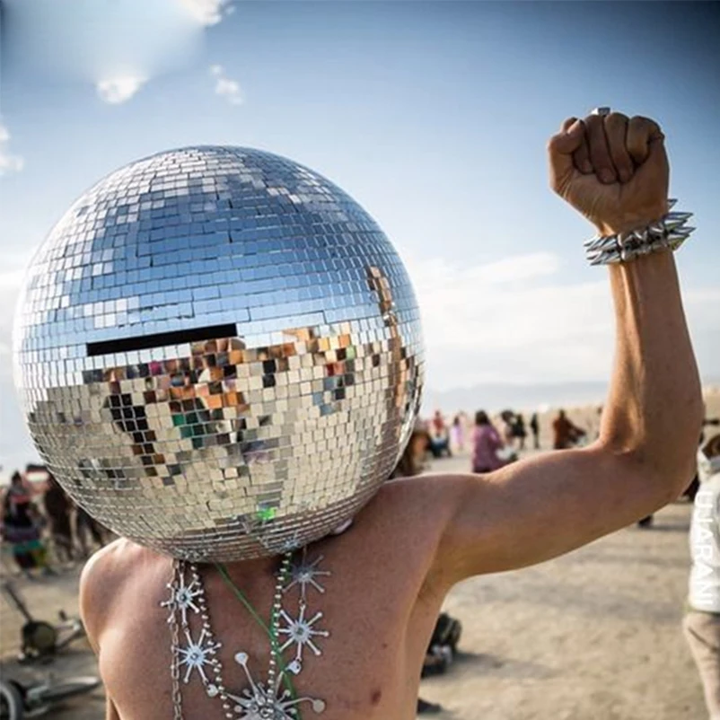 Disco kula lustrzana hełm z maską lustro kostium na klub nocny DJ festiwal muzyczny potańcówka lustro człowiek pokaż lustro