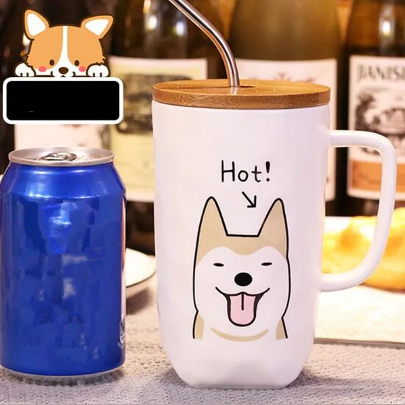 Tazza di Design creativo per cani tazza da caffè in ceramica con coperchio in legno cannuccia in acciaio inossidabile 600ml tazze da tè al latte di