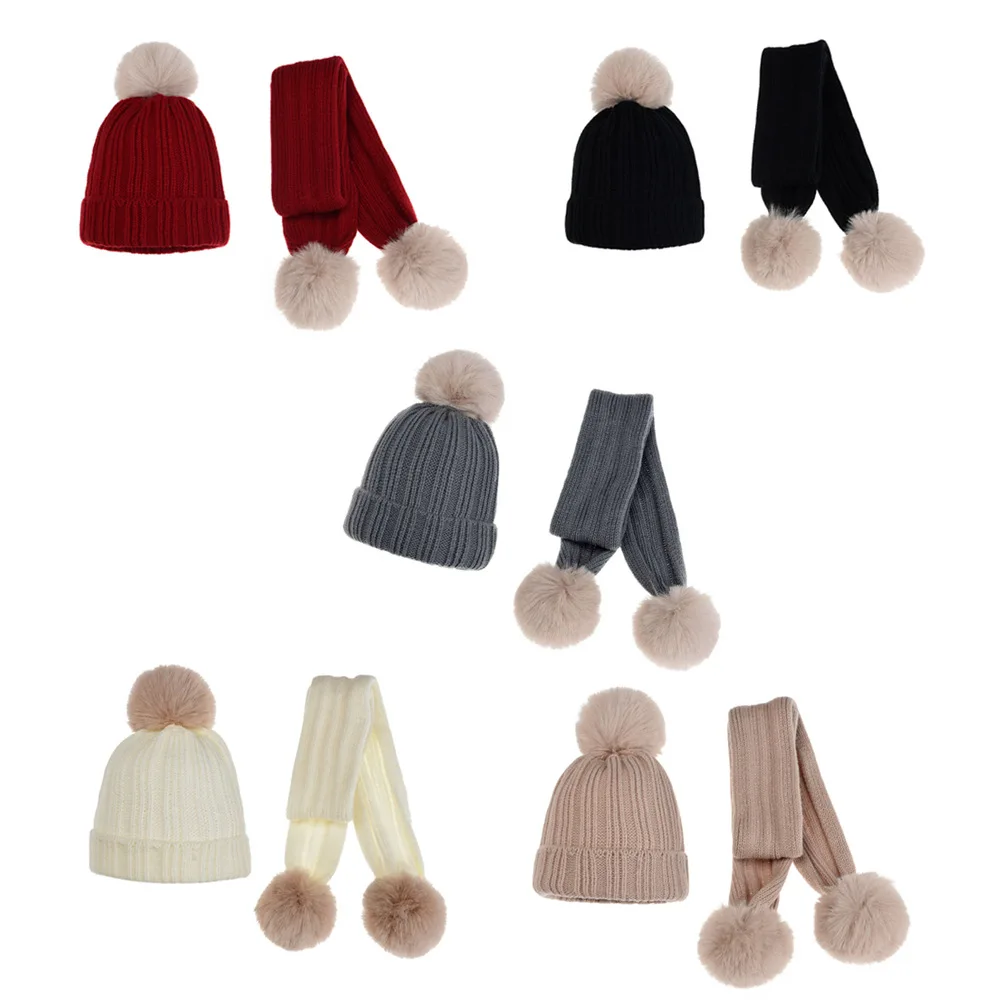 New Drawable Children\'s Pompom Knit Hat Scarf Set Autumn and Winter Boys and Girls Warm Three-piece Set