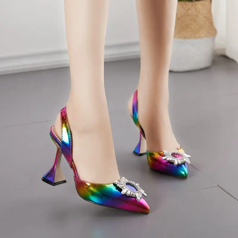 Rainbow Color Women Sandals Pointed Toe Sun Style Rhinestone High Heels Weeding Shoes Spike Heel Slingback Pumps dfv567