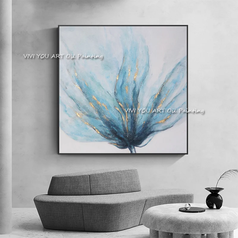 

100% Handmade Abstract Blue Flower Canvas Oil Painting Picture Large Size Poster Kitchen Wall Decoration Bedroom Wall Art