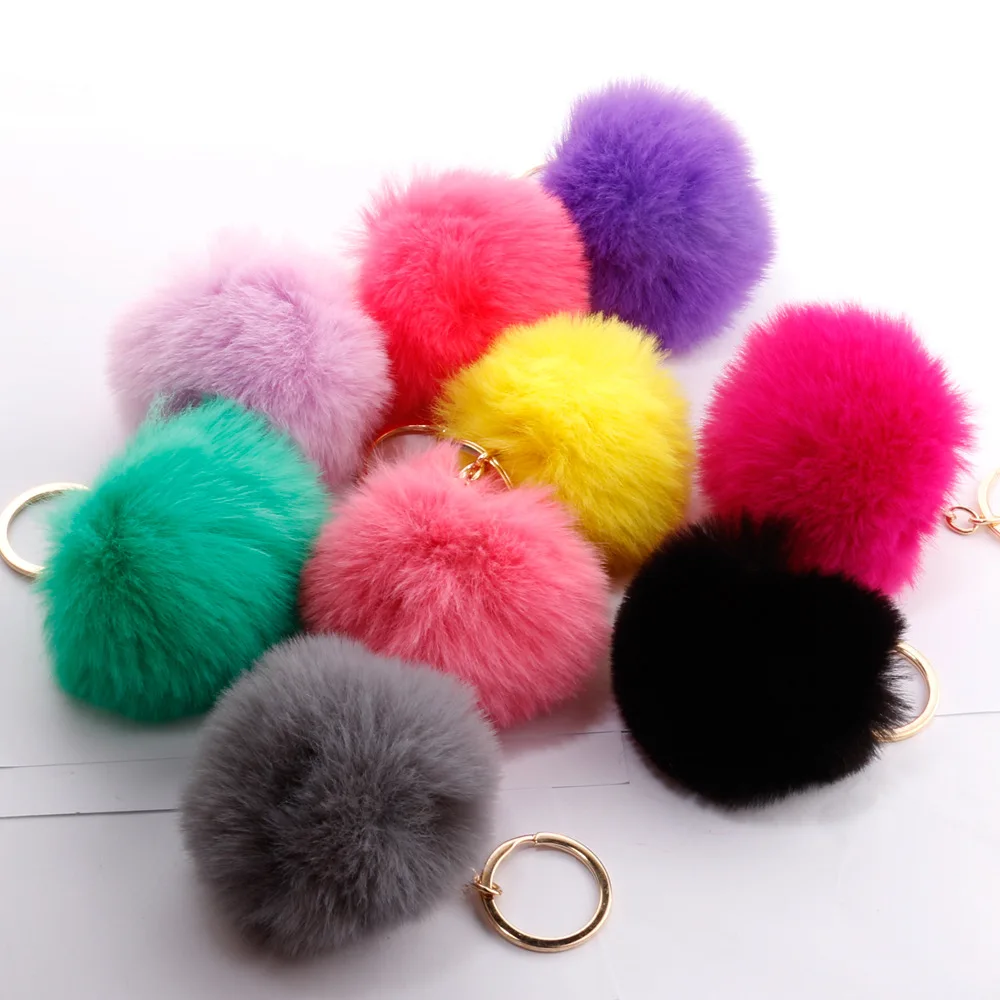 1pcs 7cm Fake Fur Brand Bag Keychain Pompom Car Keyring Gold Color Chains Pompons Fake Fox Rabbit Fur Charms Chain