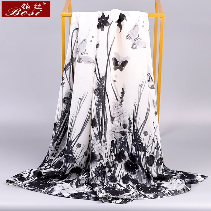 BOSI Chiffon Scarf  Woman Satin Long Scarves Flower Print Plaid butterfly Beach Luxury Brand ladies Hijab Head Stoles Spring