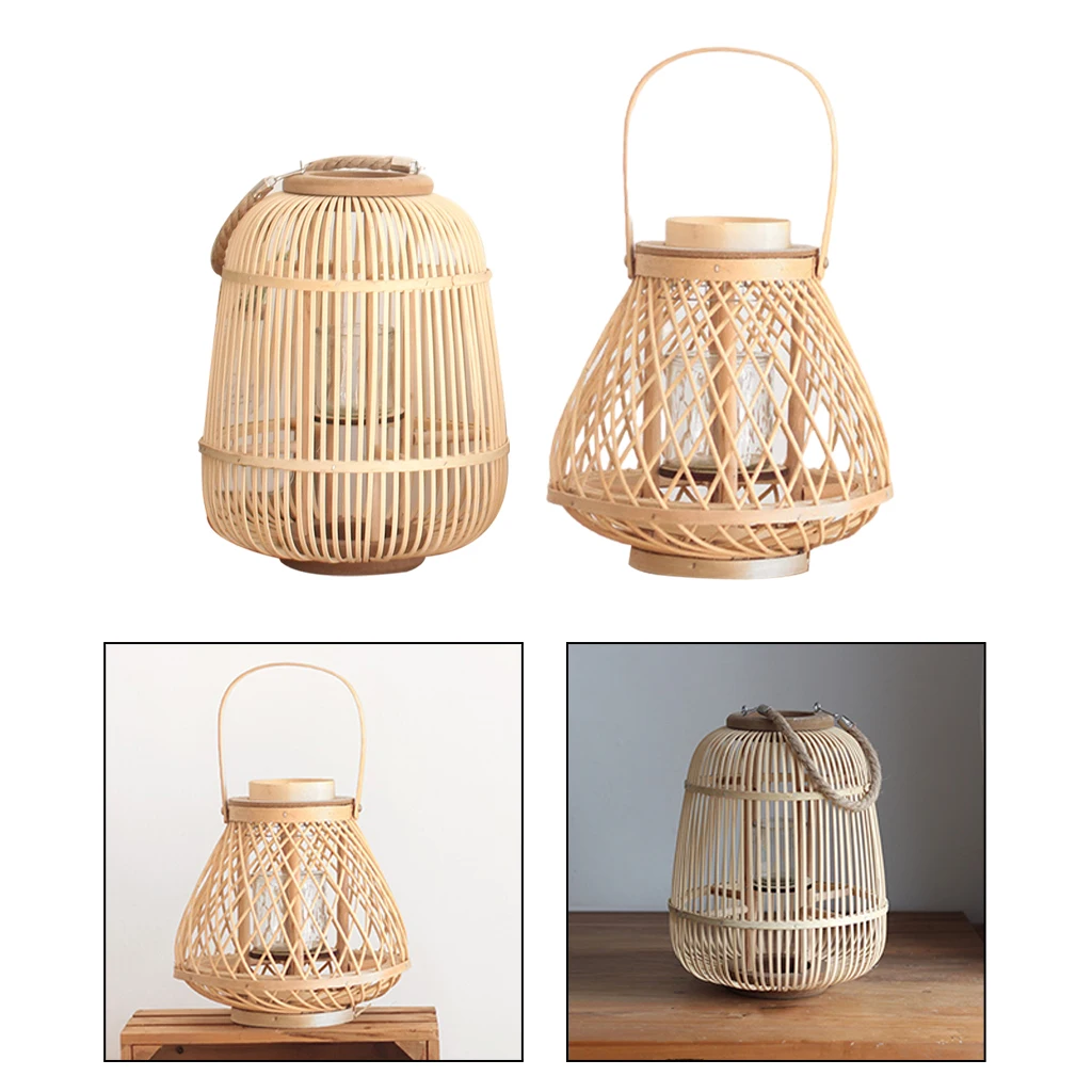 Vintage Style Bamboo Rattan Lantern Hand Woven Hollow Candlestick Candle Holder Stand Crafts for Weddings Parties Patio Events