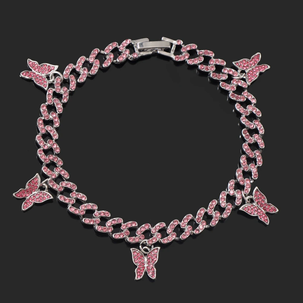 New Fashion Crystal Butterfly Anklet Bracelet For Women Iced Out Micro Rhinestones Paved Cuban Link Chain Anklets Punk Jewellery image 5