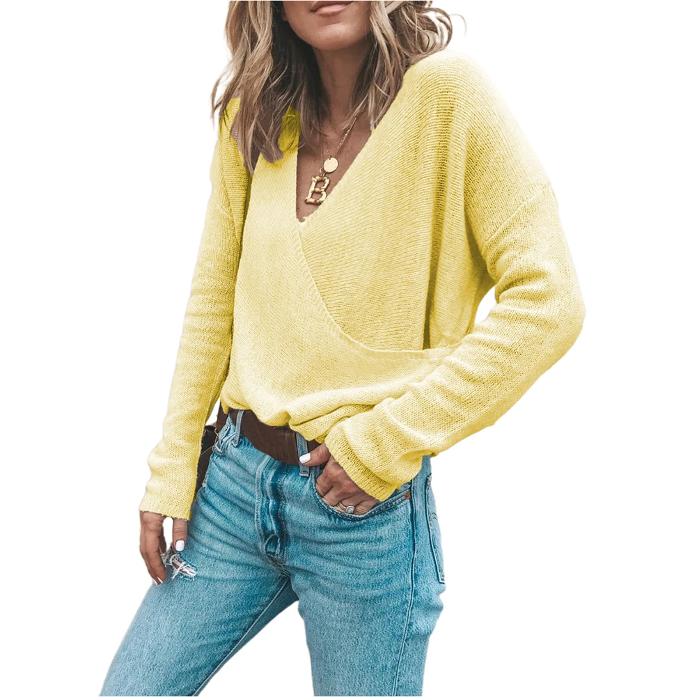 

Autumn Sweater 2022 Women Casual Long Sleeve Deep V Neck Front Wrapped Knitted Sweater Women Pullover