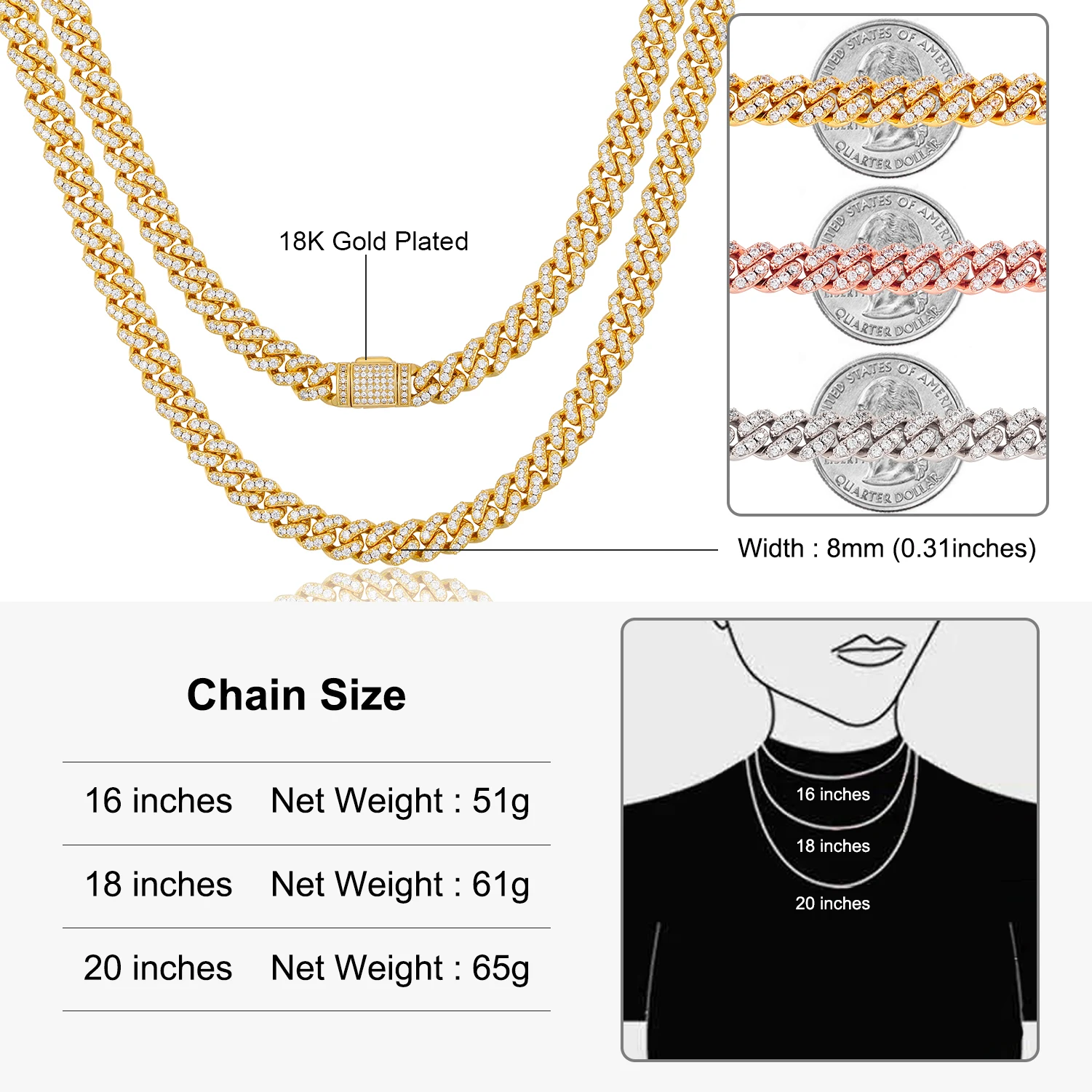 6mm 8mm Width Fashion Miami Cuban Chain Necklace For Women Men\'s Hip Hop Jewelry Copper Cubic Zirconia Bling Charm Chains