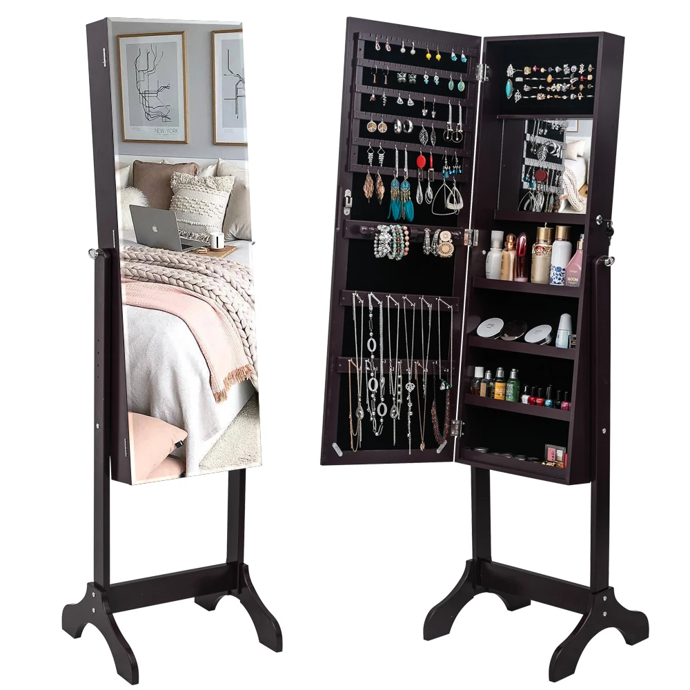 Full Mirror Wooden Floor Standing 4-Layer Shelf With Inner Mirror Adjustable Full Body Dressing Mirror Jewelry Cabinet