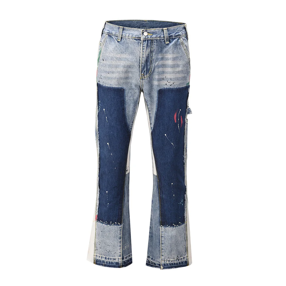 Vintage Distressed Splash Ink Flare Jeans Mens Streetwear Patchwork Hip Hop Graffiti Heavy Wash Blue Slim Fit Denim Pants Men