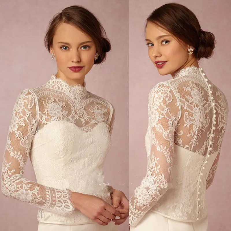 

New Women's High Neck Long Sleeve Buttons Back Lace Appliques Wedding Bridal Bolero Jacket Shawl White Ivory Custom Made Jackets