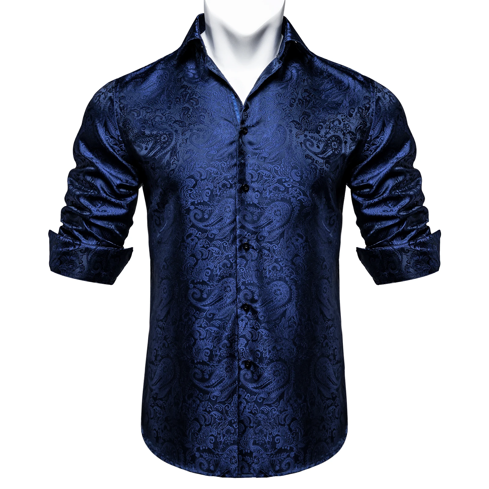 Autumn Men's Long Sleeve Shirts Navy Blue Print Satin Formal Business Social Shirts Male Casual Floral Blouse Mens Clothing