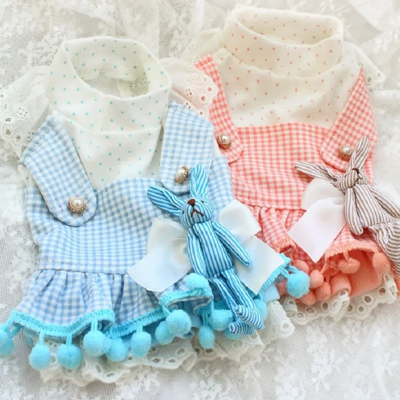 

Handmade Adorable Dog Clothes Cat Pet Supplies 100%Cotton Dress Good Knitted Soft Breathable Plaid Rabbit Accessories One Piece